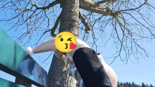 Swiss teen bunny plays with dildo outdoor - solo masturbation dirty talk